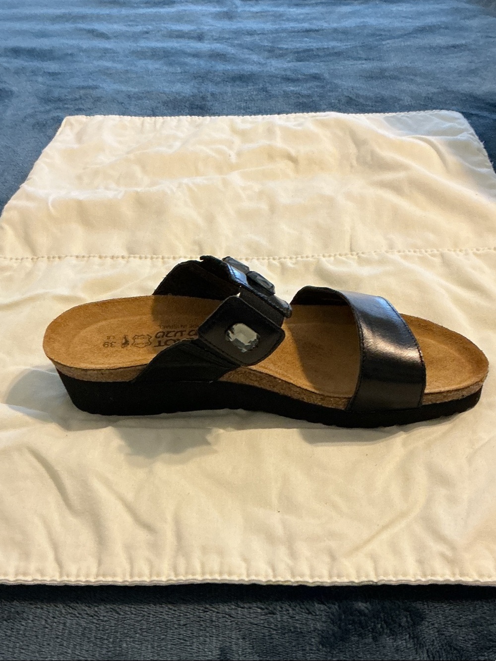 Naot Black Leather Two-Strap Buckle Slide Sandal